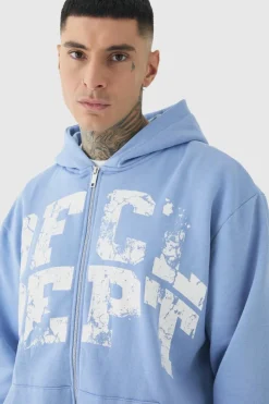 Shop boohooMAN Tall Oversized Zip Through OFCL Gusset Hooded Tracksuit blue