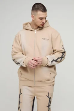 Cheap boohooMAN Tall Oversized Zip Thru Graphic Spray Wash Hooded Relaxed Flare Tracksuit stone