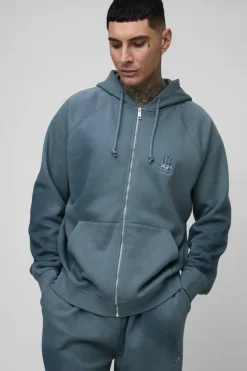 Clearance boohooMAN Tall Oversize Raglan Zip Thru Embroidered Spray Wash Hoodie charcoal