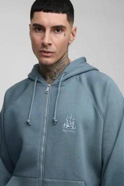 Clearance boohooMAN Tall Oversize Raglan Zip Thru Embroidered Spray Wash Hoodie charcoal