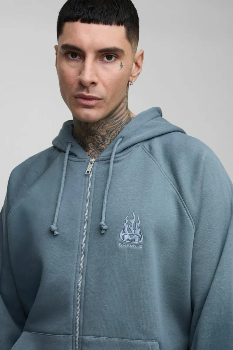 Clearance boohooMAN Tall Oversize Raglan Zip Thru Embroidered Spray Wash Hoodie charcoal