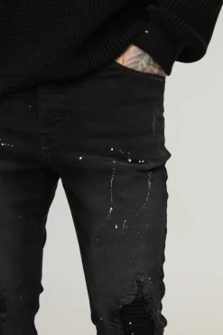Clearance boohooMAN Tall Paint Splatter Biker Rip & Repair Zip Hem Skinny Jeans washed black
