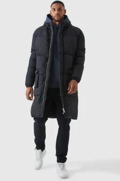New boohooMAN Tall 4 Pocket Longline Hooded Puffer Jacket in black