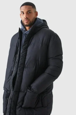 New boohooMAN Tall 4 Pocket Longline Hooded Puffer Jacket in black