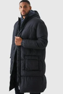New boohooMAN Tall 4 Pocket Longline Hooded Puffer Jacket in black