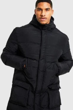 New boohooMAN Tall 4 Pocket Longline Hooded Puffer Jacket in black