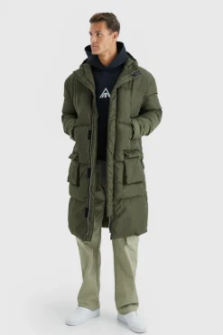 Shop boohooMAN Tall 4 Pocket Longline Hooded Puffer Jacket in khaki