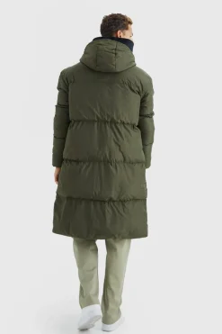 Shop boohooMAN Tall 4 Pocket Longline Hooded Puffer Jacket in khaki