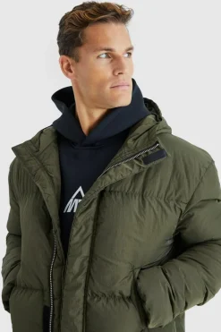 Shop boohooMAN Tall 4 Pocket Longline Hooded Puffer Jacket in khaki