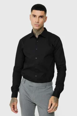 Discount boohooMAN Tall Poplin Shirt In black