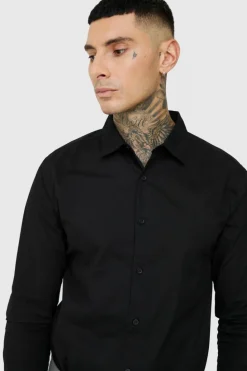Discount boohooMAN Tall Poplin Shirt In black