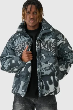Cheap boohooMAN Tall Printed Funnel Neck Mesh Puffer Jacket In black