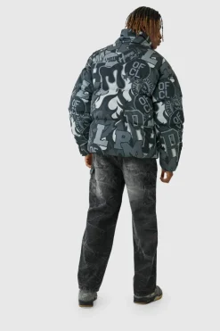 Cheap boohooMAN Tall Printed Funnel Neck Mesh Puffer Jacket In black