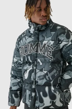 Cheap boohooMAN Tall Printed Funnel Neck Mesh Puffer Jacket In black