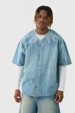 Store boohooMAN Tall Printed Graphic Denim Baseball Shirt light blue