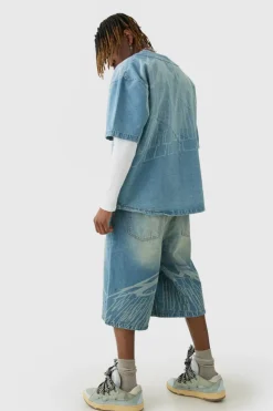 Store boohooMAN Tall Printed Graphic Denim Baseball Shirt light blue