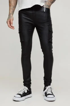 Online boohooMAN Tall PU Coated Super Skinny Cargo Jeans black
