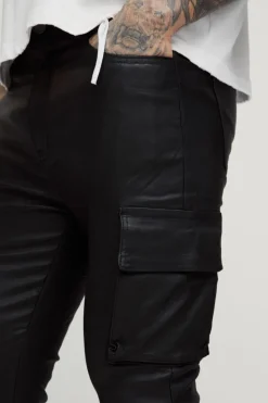 Online boohooMAN Tall PU Coated Super Skinny Cargo Jeans black