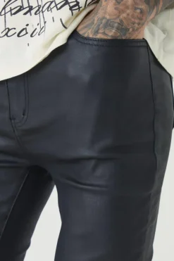 New boohooMAN Tall PU Coated Super Skinny Jeans black