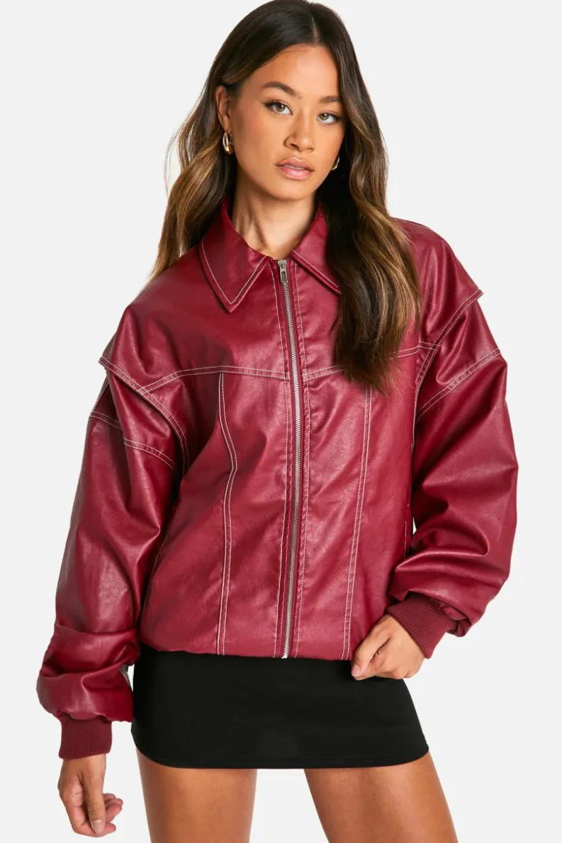 Sale boohoo Tall Pu Contrast Stitch Oversized Bomber Jacket red