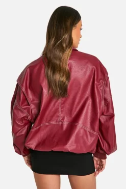 Sale boohoo Tall Pu Contrast Stitch Oversized Bomber Jacket red