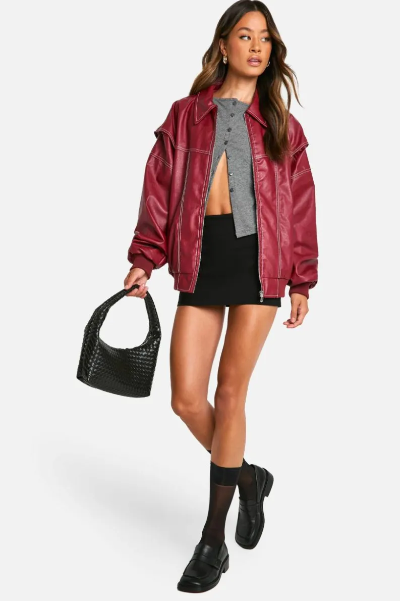 Sale boohoo Tall Pu Contrast Stitch Oversized Bomber Jacket red