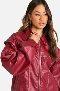 Sale boohoo Tall Pu Contrast Stitch Oversized Bomber Jacket red