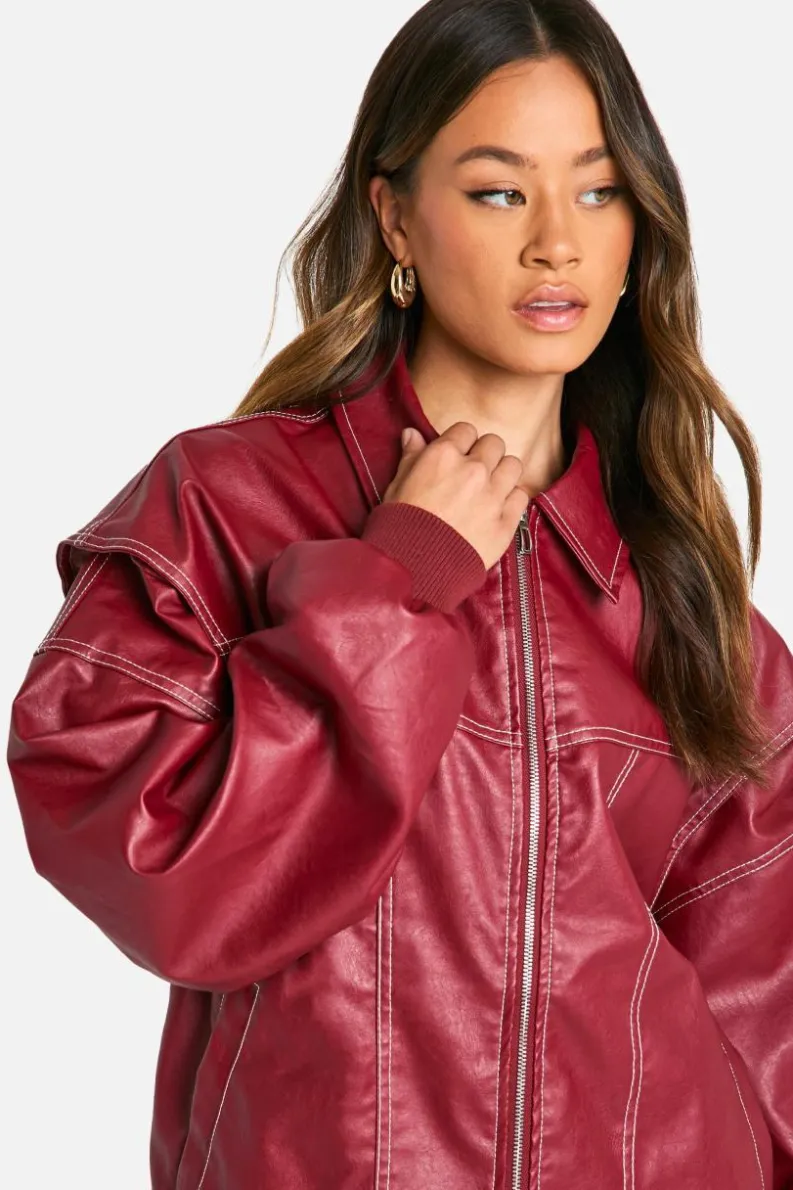 Sale boohoo Tall Pu Contrast Stitch Oversized Bomber Jacket red