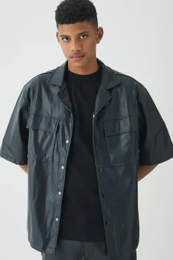 Cheap boohooMAN Tall PU Short Sleeve Overshirt black