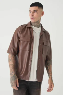 Discount boohooMAN Tall PU Short Sleeve Overshirt coffee