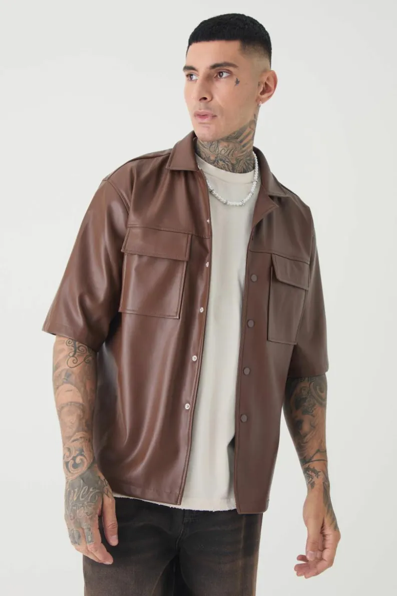 Discount boohooMAN Tall PU Short Sleeve Overshirt coffee