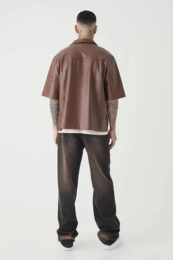 Discount boohooMAN Tall PU Short Sleeve Overshirt coffee
