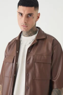 Discount boohooMAN Tall PU Short Sleeve Overshirt coffee