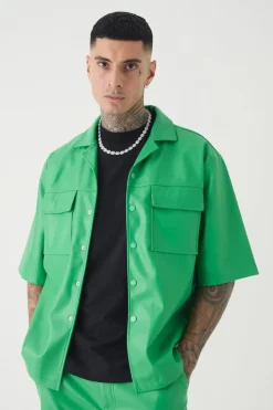Cheap boohooMAN Tall PU Short Sleeve Overshirt green