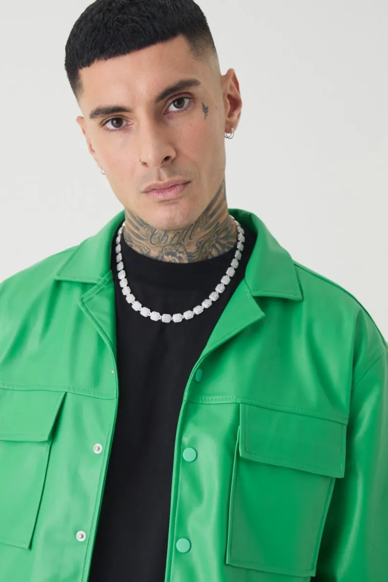Cheap boohooMAN Tall PU Short Sleeve Overshirt green