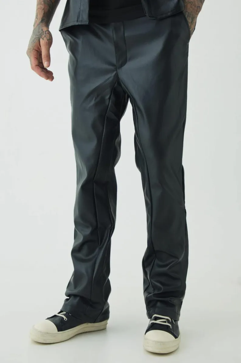 Clearance boohooMAN Tall PU Slim Fit Flared Trousers black