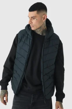Cheap boohooMAN Tall Quilted Zip Through Hooded Gilet In black