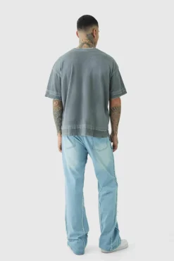 Best boohooMAN Tall Raw Edge Rip & Repair Carpenter Panel Relaxed Fit Flared Jeans ice blue
