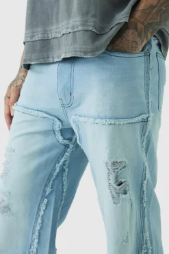 Best boohooMAN Tall Raw Edge Rip & Repair Carpenter Panel Relaxed Fit Flared Jeans ice blue