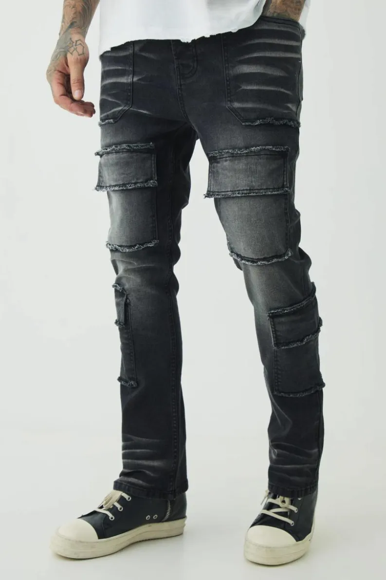 Shop boohooMAN Tall Raw Seam Detail Stretch Skinny Cargo Flared Jeans washed black