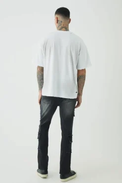 Shop boohooMAN Tall Raw Seam Detail Stretch Skinny Cargo Flared Jeans washed black