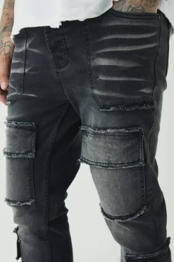 Shop boohooMAN Tall Raw Seam Detail Stretch Skinny Cargo Flared Jeans washed black