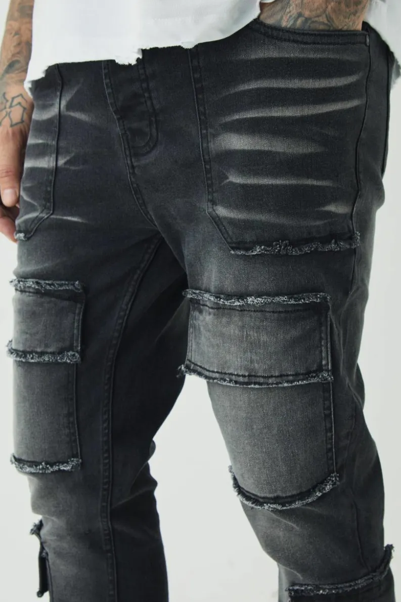 Shop boohooMAN Tall Raw Seam Detail Stretch Skinny Cargo Flared Jeans washed black