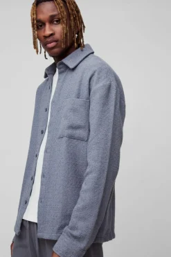 Store boohooMAN Tall Regular Fit Boucle Overshirt charcoal