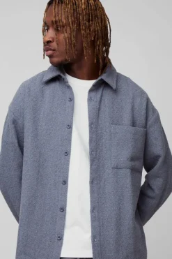 Store boohooMAN Tall Regular Fit Boucle Overshirt charcoal