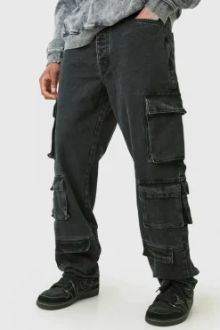 Clearance boohooMAN Tall Relaxed Fit Acid Wash Cargo Jeans charcoal