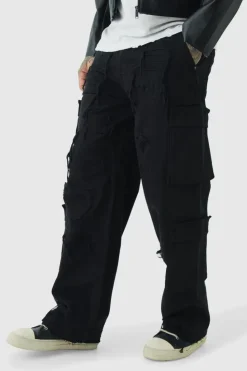 Online boohooMAN Tall Relaxed Fit Distressed Cargo Trousers black