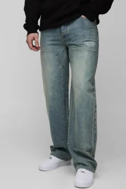 Outlet boohooMAN Tall Relaxed Fit Embroidered Carpenter Jeans antique blue