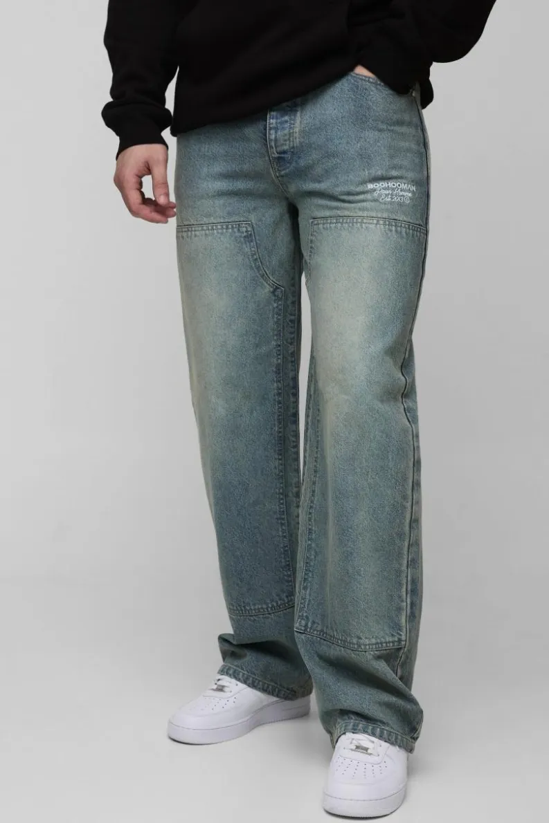 Outlet boohooMAN Tall Relaxed Fit Embroidered Carpenter Jeans antique blue