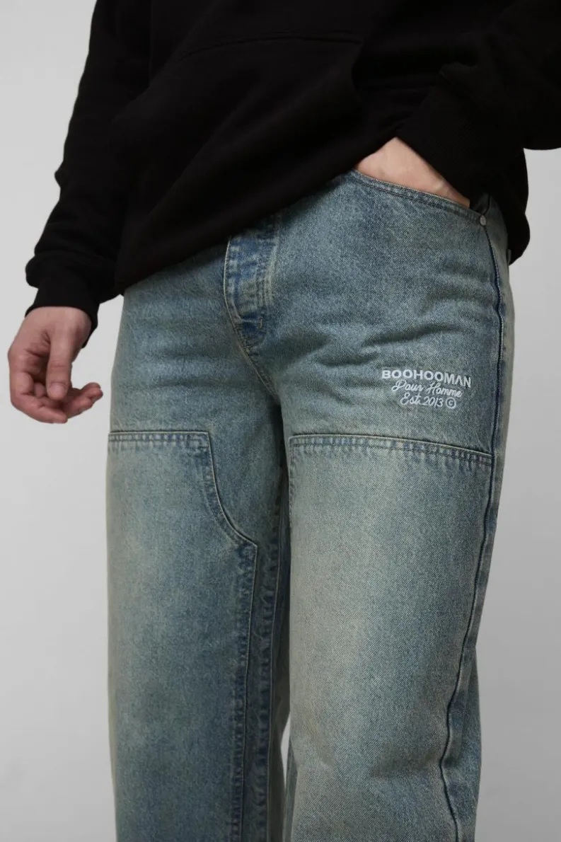 Outlet boohooMAN Tall Relaxed Fit Embroidered Carpenter Jeans antique blue